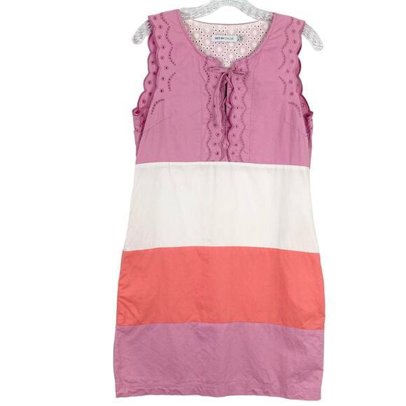 NWOT SEE BY CHLOE Dress US 6 Linen Embroidery Bow Lace Up Stripe Sleeveless Pink